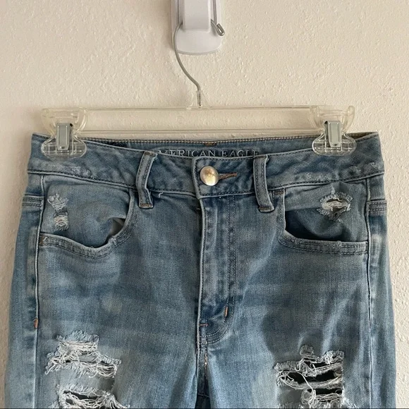 American Eagle Jeggings Super Stretch High Rise Skinny Light Wash Distressed - Picture 11 of 11